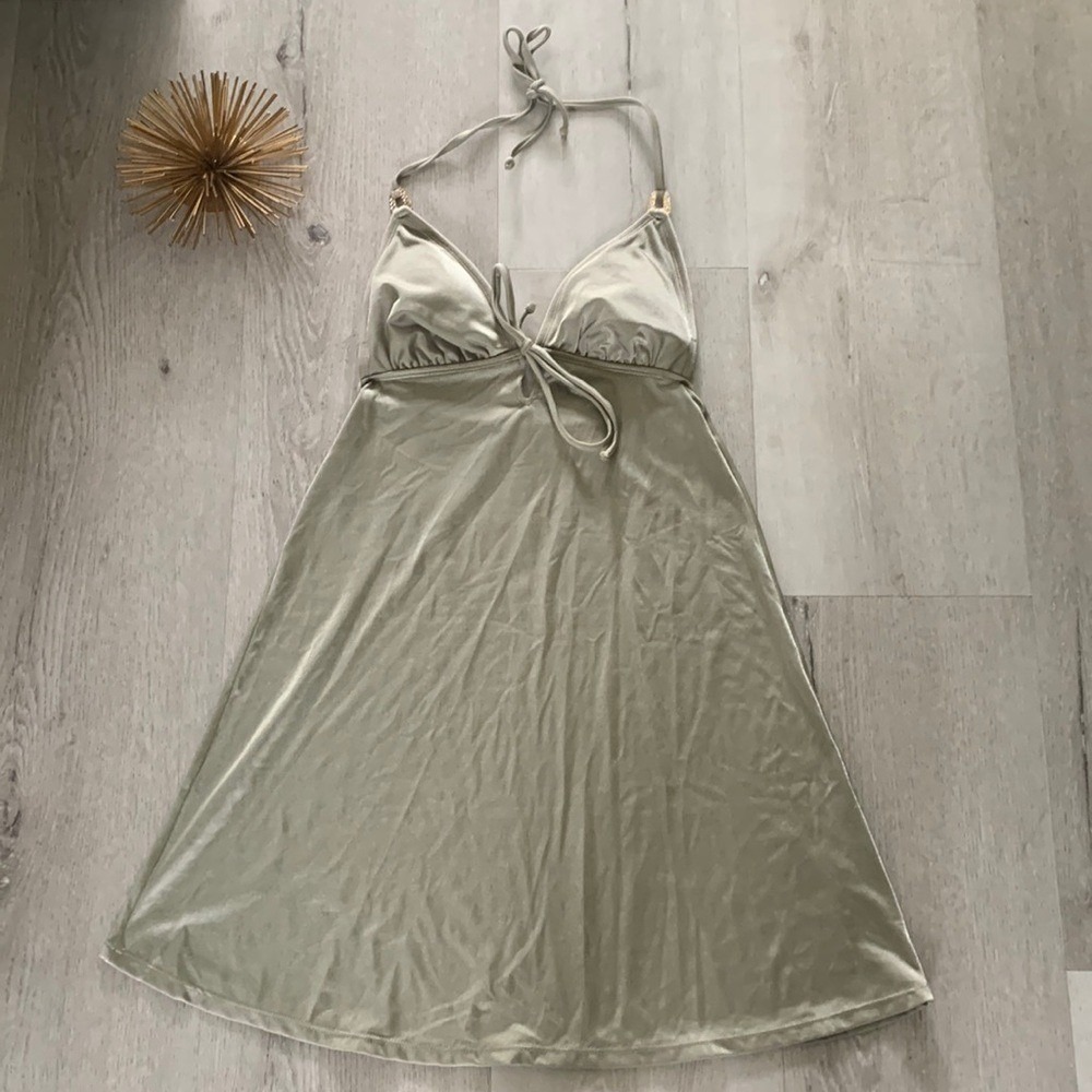 Badgley Mischka one piece swimsuit dress beach rhinestone shimmer sage green M